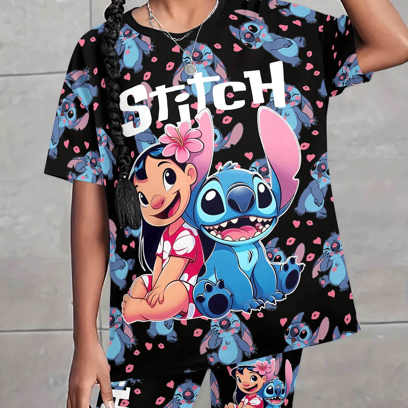 Licensed Stitch Girls Summer Set with Cool Print Loose Fit T-Shirt and Shorts Perfect for Outdoor Activities Machine Washable
