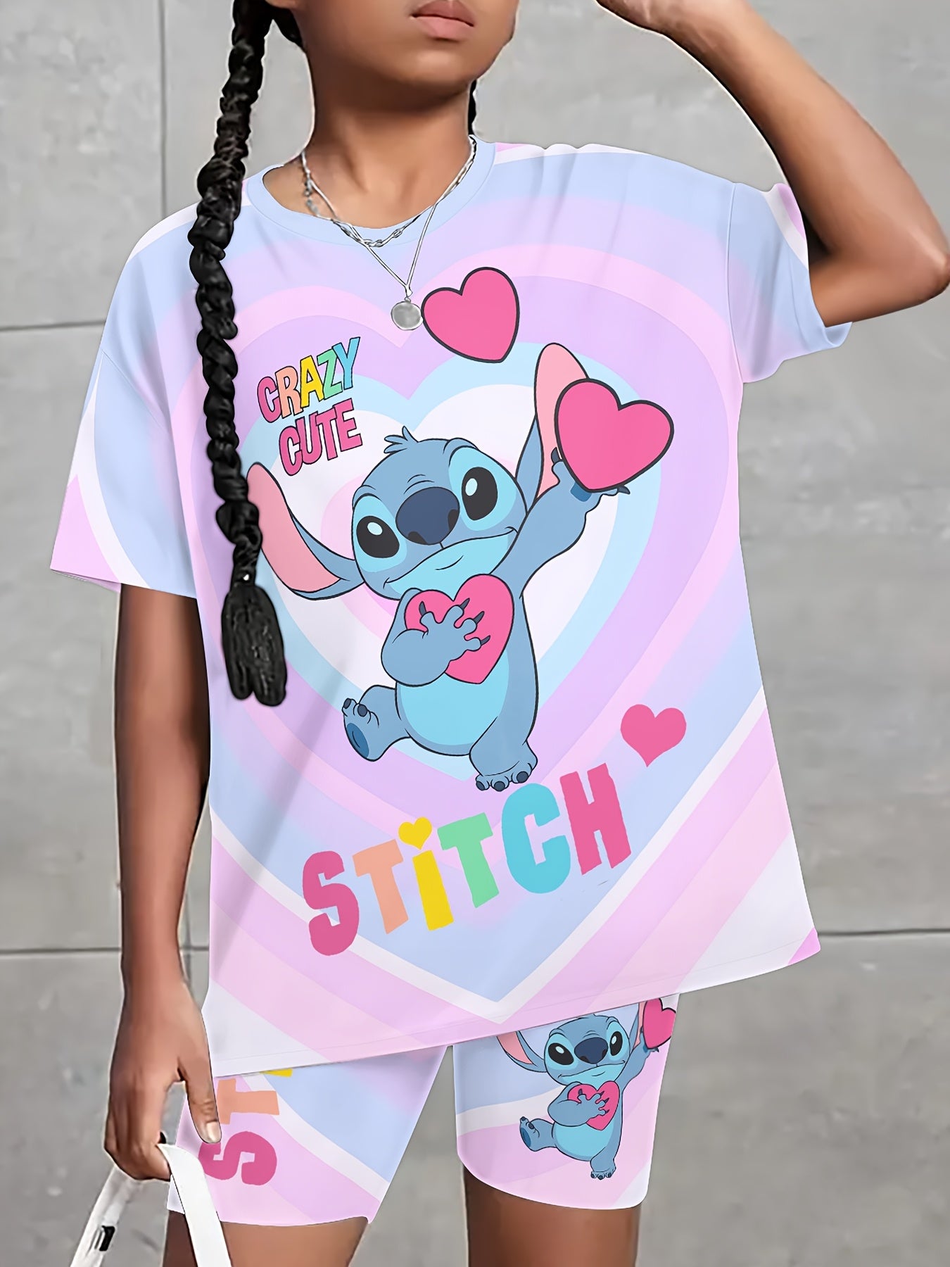 Stitch Girls Summer Suit Pink Cute Print Round Neck T Shirt and Shorts Set 2pcs Machine Washable Outdoor Sports Leisure