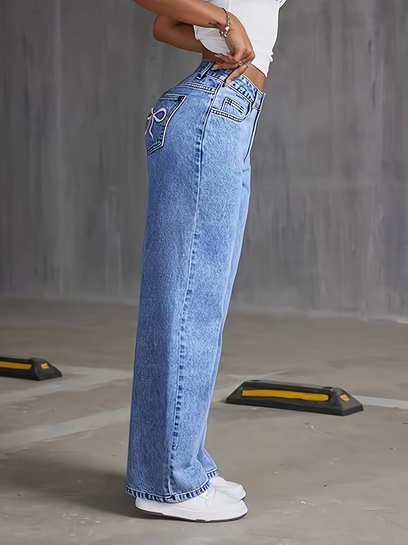 Womens Embroidered Bow Washed Jeans Straight Jeans For Women High Waist Loose Wide Leg Pants Casual Outing Trousers