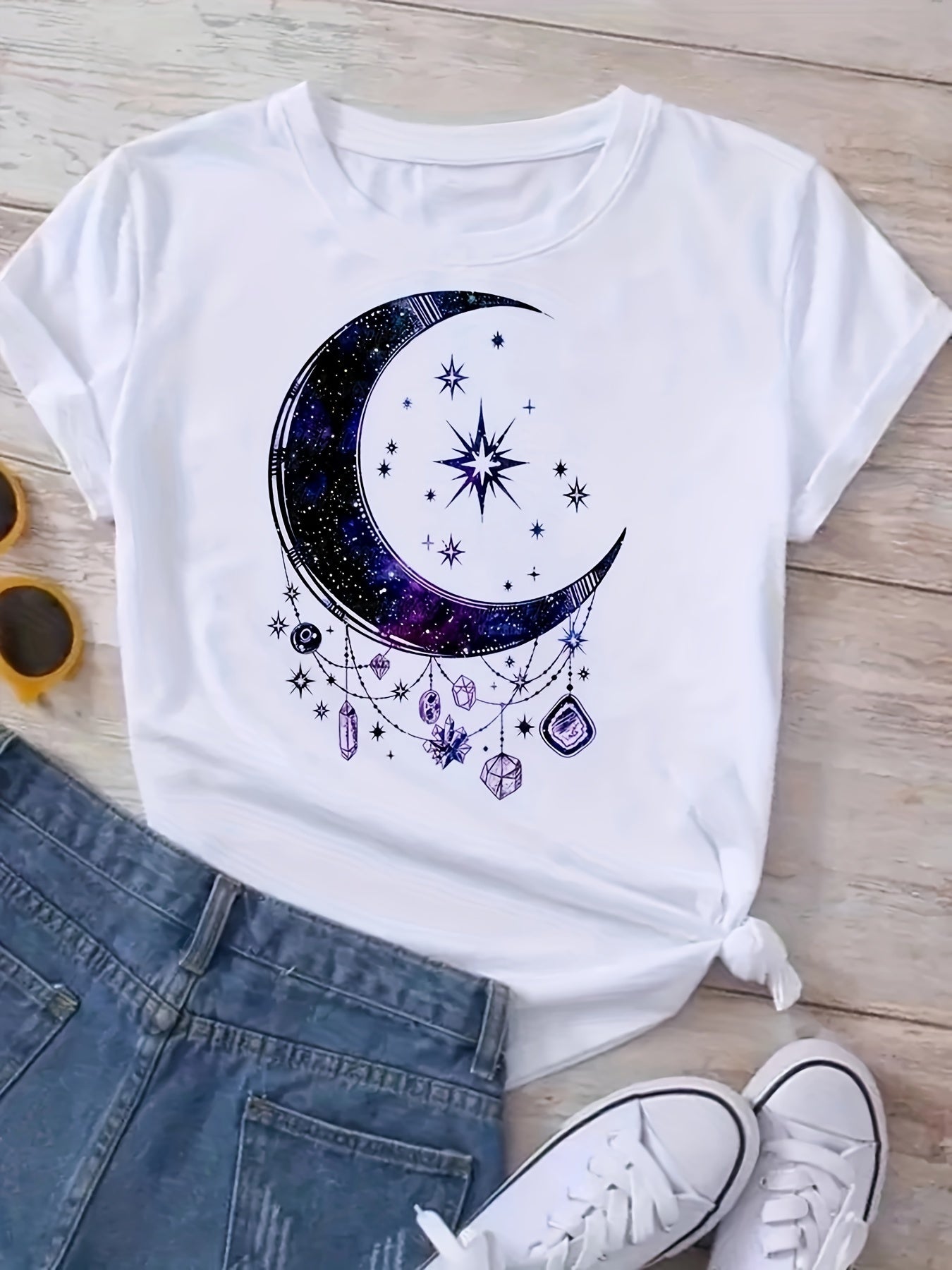 Girls's Moon & Planet Print Tee - Casual Cotton Crew Neck Short Sleeve Shirt