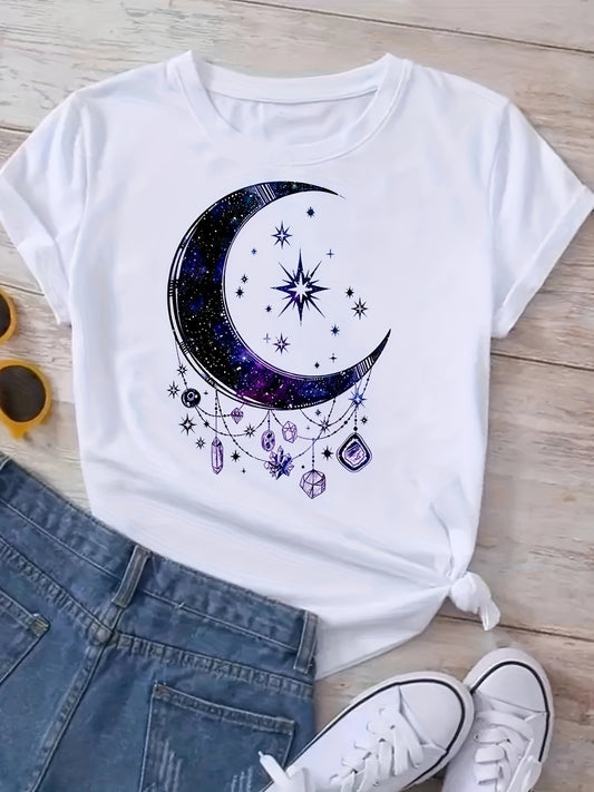 Girls's Moon & Planet Print Tee - Casual Cotton Crew Neck Short Sleeve Shirt