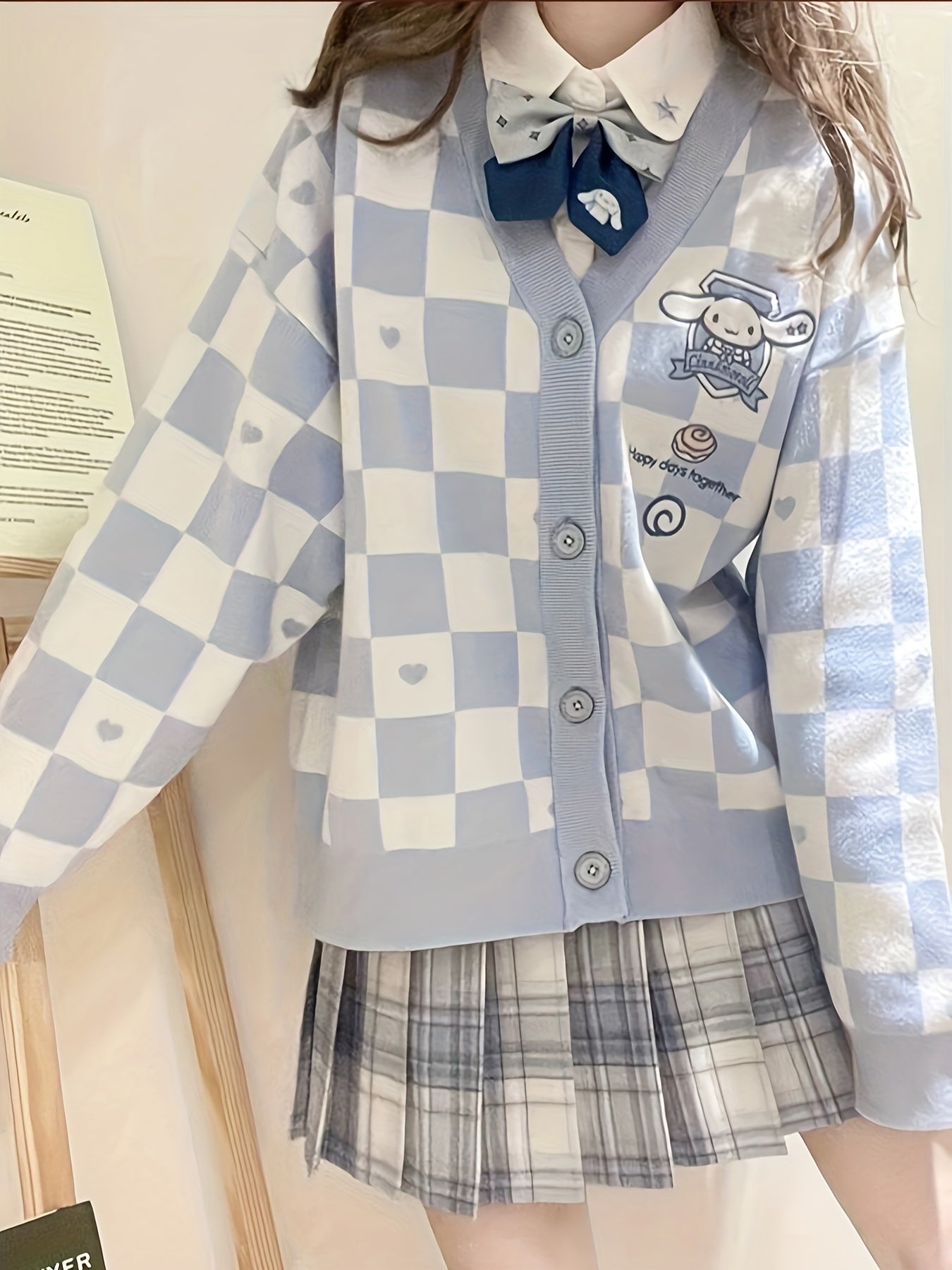 Cute Sanrio Cinnamoroll Light Blue Plaid Cardigan Sweater