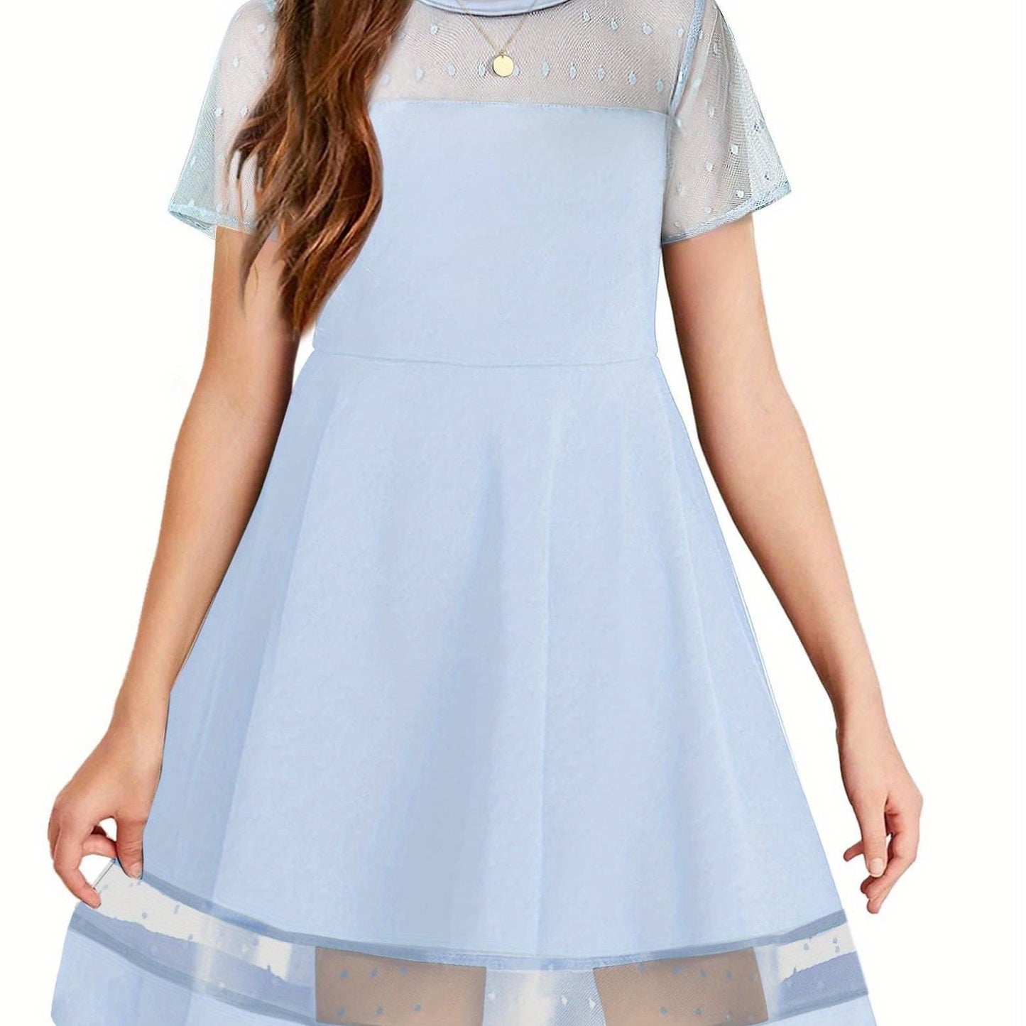 Tween Girls  Contrast Mesh Short Sleeve A Line Party Dresses with Pockets for 5-12 Years