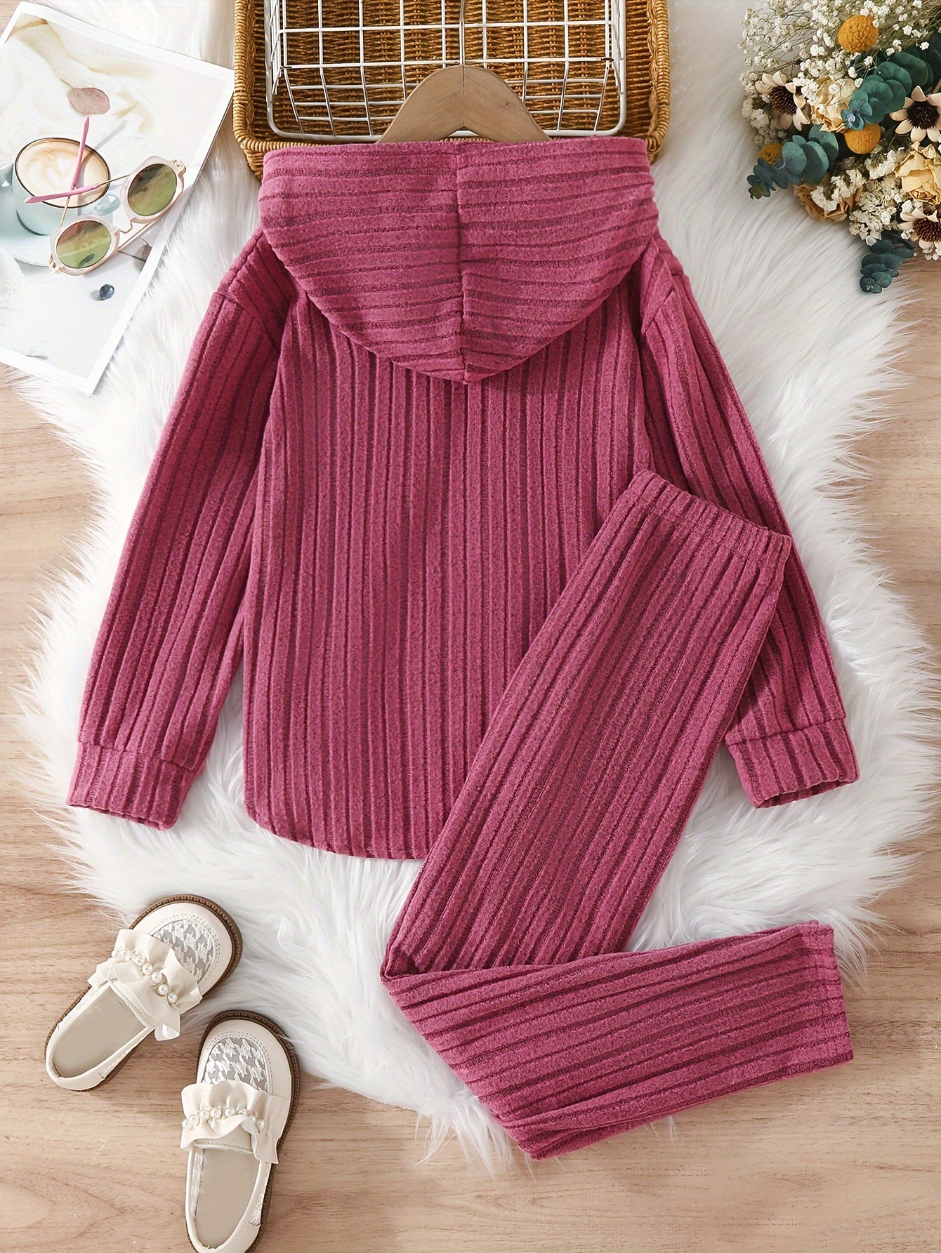 2 Piece Cute Girls Spring and Autumn Texture Hoodie Brushed Warm Pants