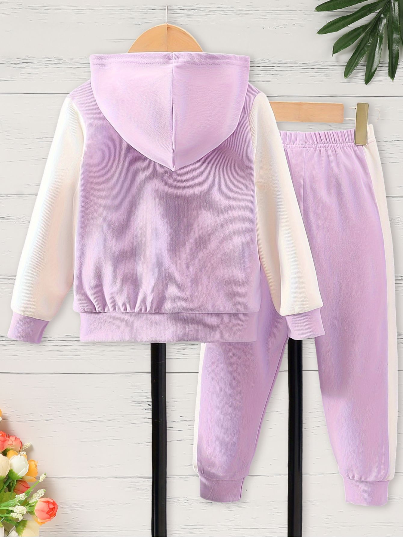 Girl's 2pcs Outfit: Purple & White Hooded Varsity Jacket with Letter "A" Patch & Corduroy Sweatpants