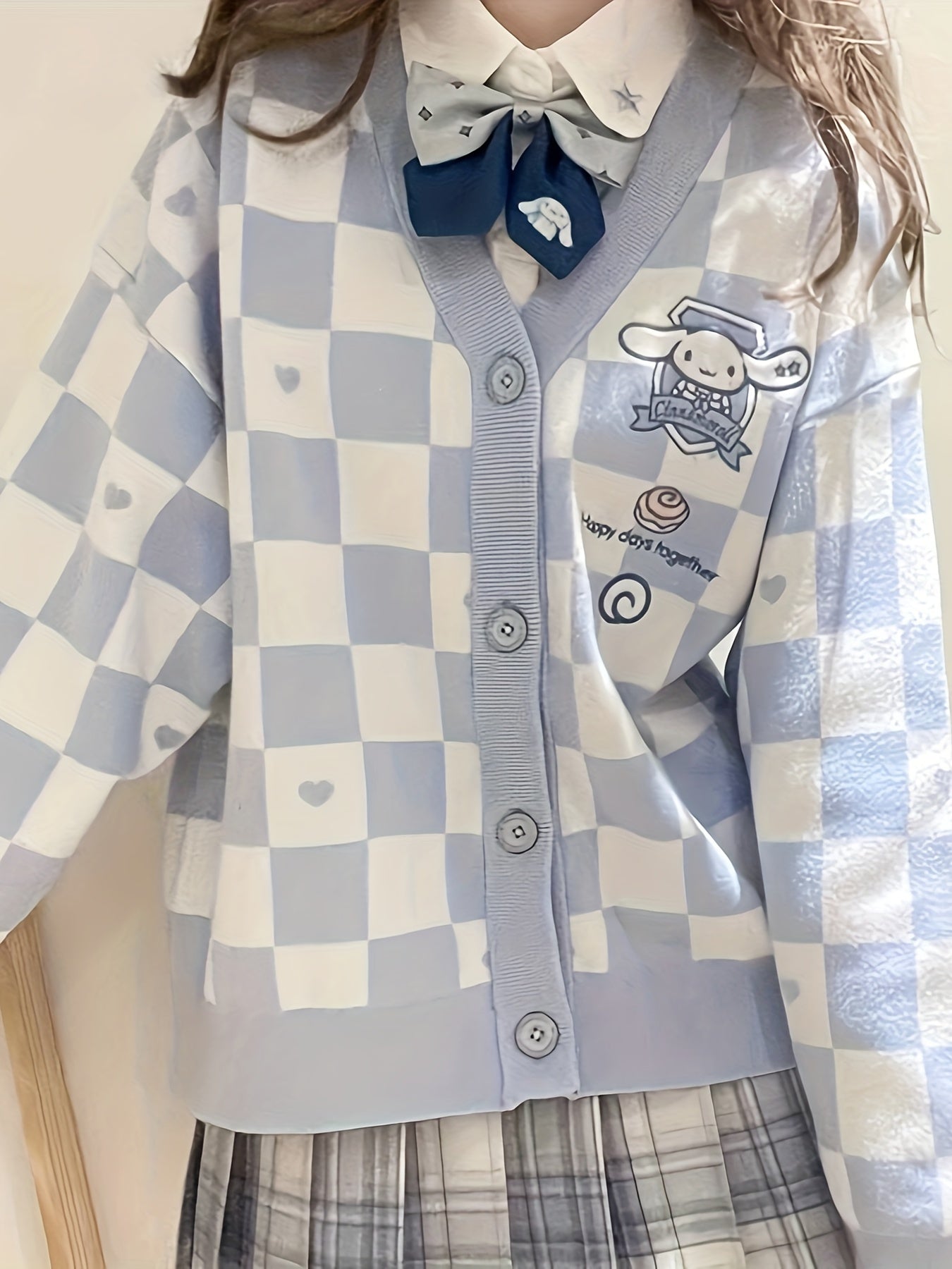 Cute Sanrio Cinnamoroll Light Blue Plaid Cardigan Sweater