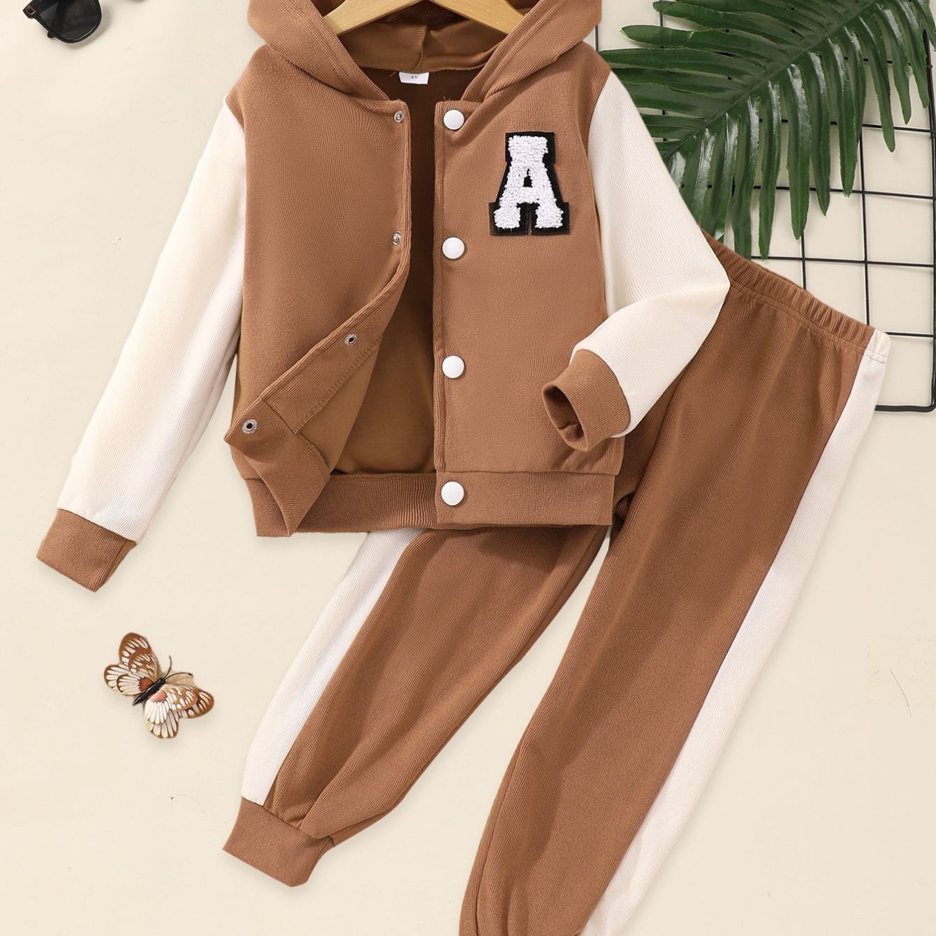 Girl's 2pcs Outfit: Purple & White Hooded Varsity Jacket with Letter "A" Patch & Corduroy Sweatpants