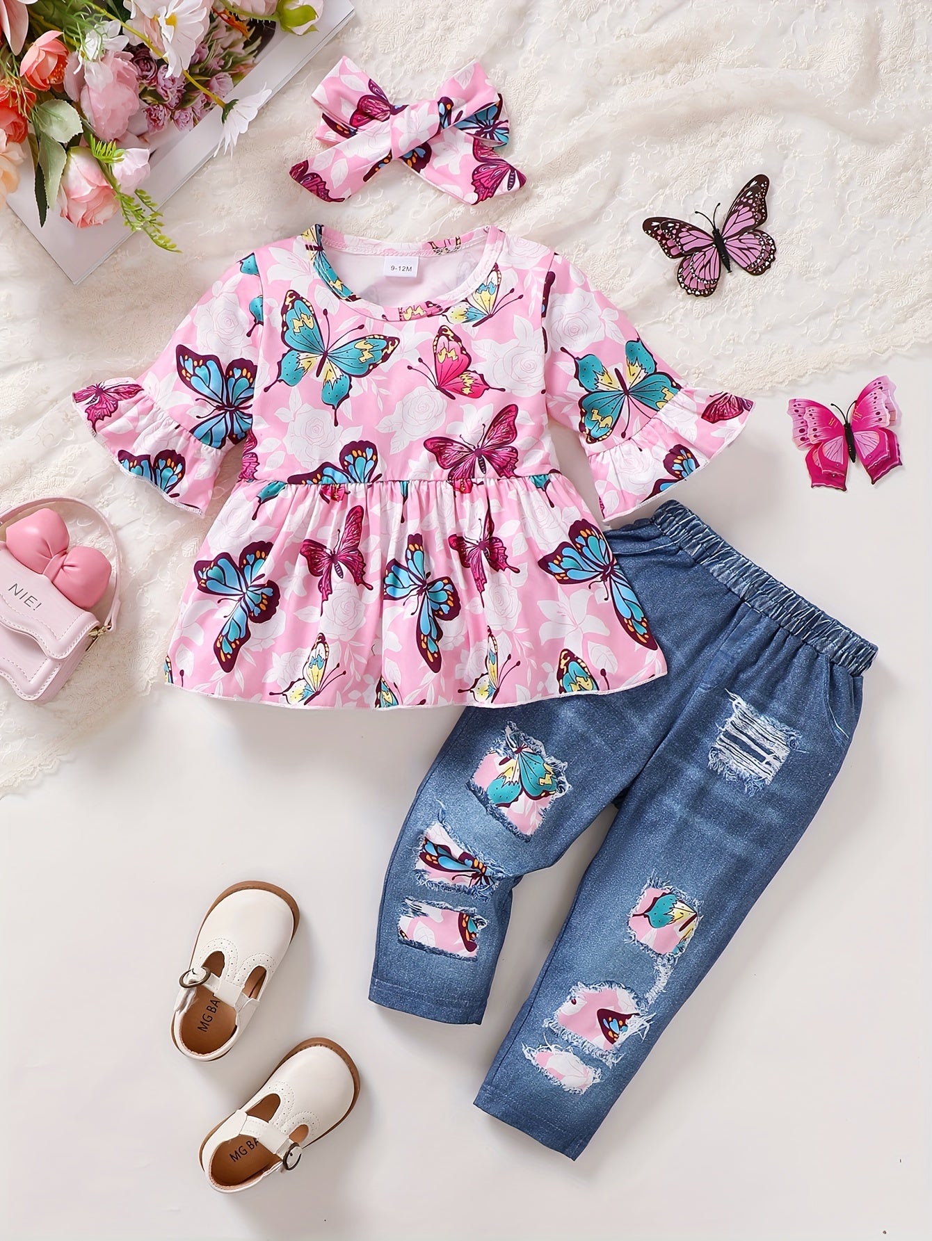 Toddler Baby Girl Winter Outfits Cute Butterfly Top Jeans Set