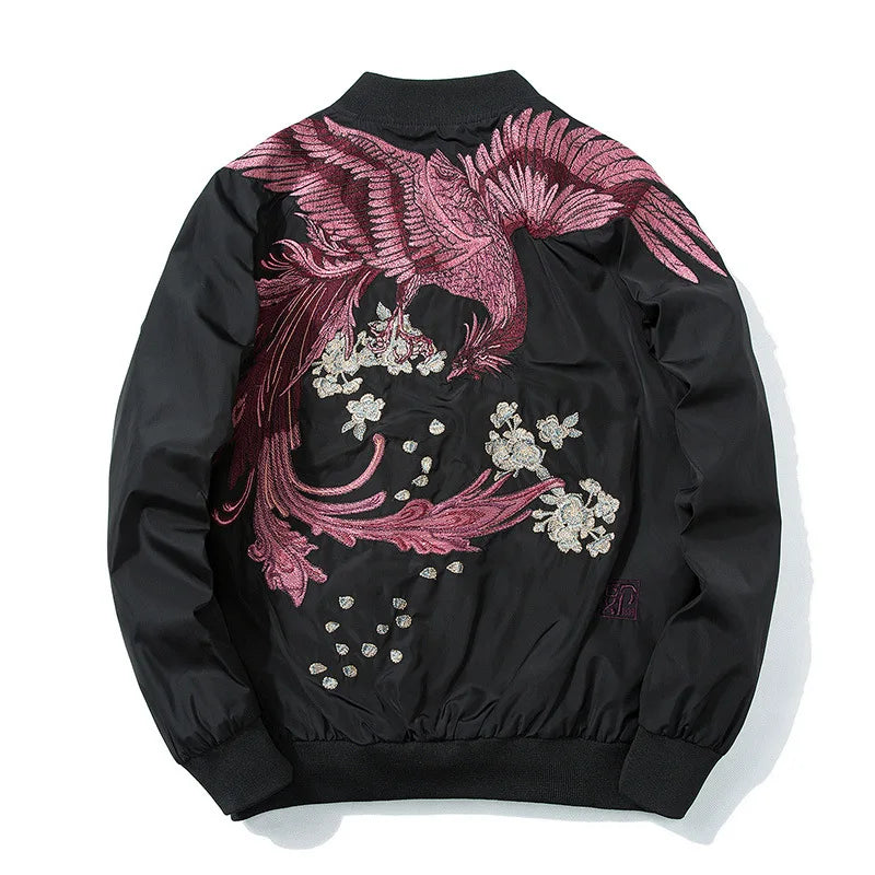 Spring Pilot Bomber Jacket for Men and Women with Bird Embroidery Casual Baseball Coat for Youth Couples Japan Streetwear