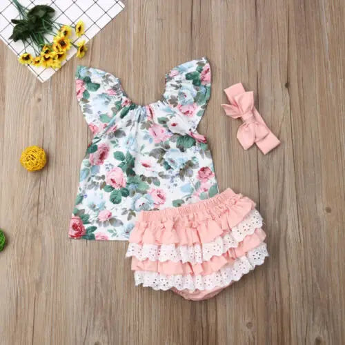 Citgeett Summer 3PCS Infant Baby Girl Clothes Flower Tops Shorts Ruffle Headband Outfit Casual Set