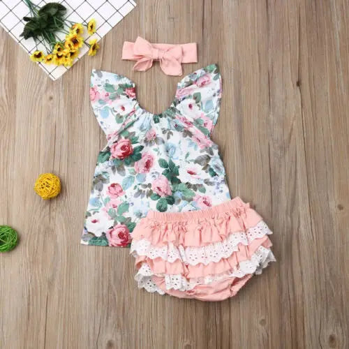Citgeett Summer 3PCS Infant Baby Girl Clothes Flower Tops Shorts Ruffle Headband Outfit Casual Set