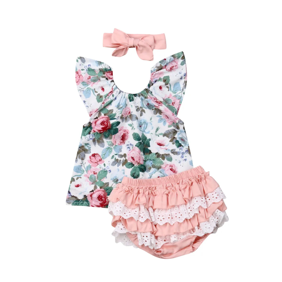 Citgeett Summer 3PCS Infant Baby Girl Clothes Flower Tops Shorts Ruffle Headband Outfit Casual Set