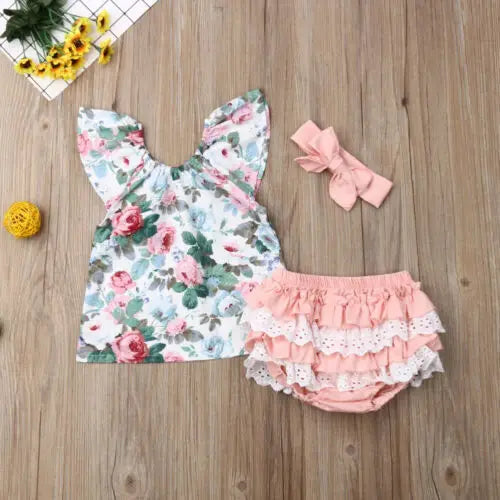 Citgeett Summer 3PCS Infant Baby Girl Clothes Flower Tops Shorts Ruffle Headband Outfit Casual Set