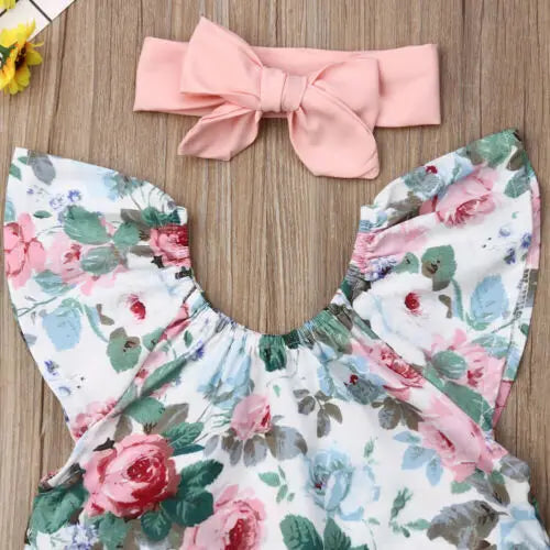 Citgeett Summer 3PCS Infant Baby Girl Clothes Flower Tops Shorts Ruffle Headband Outfit Casual Set