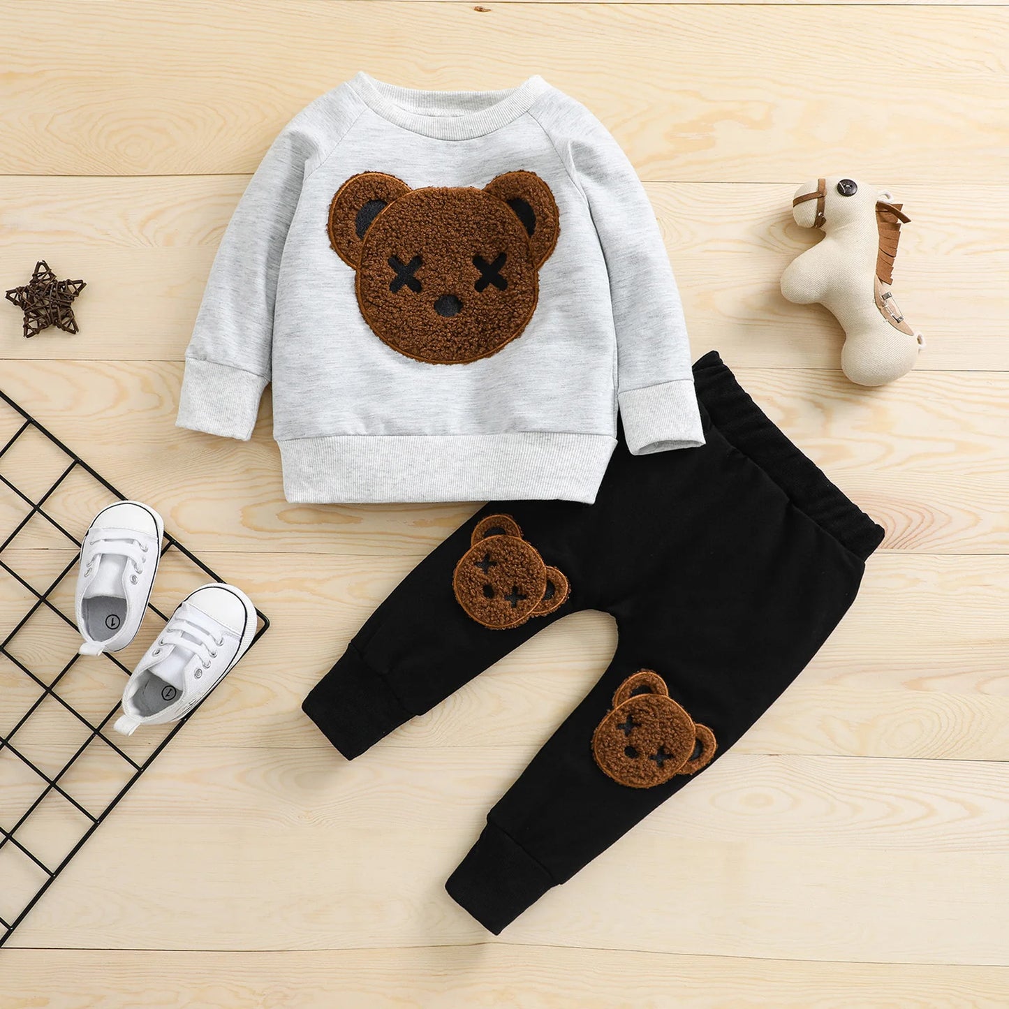 Citgeett Autumn Kids Boys Girls Tracksuit Clothes Set Cartoon Bear Printed Long Sleeve Pullover Sweatshirt Top and Pants