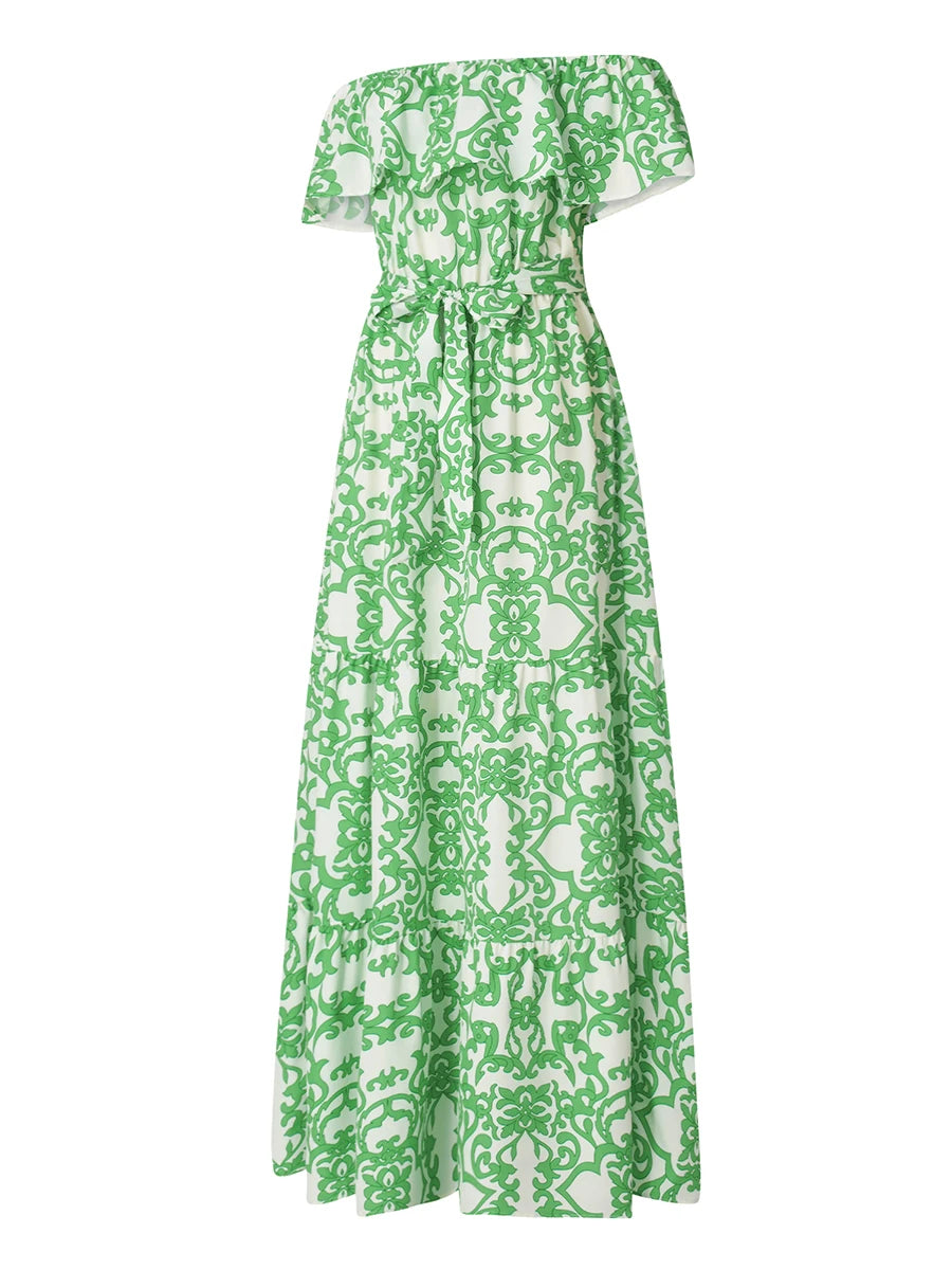 Women Long Off Shoulder Floral Print Casual Ankle Length Dress for Spring and Summer