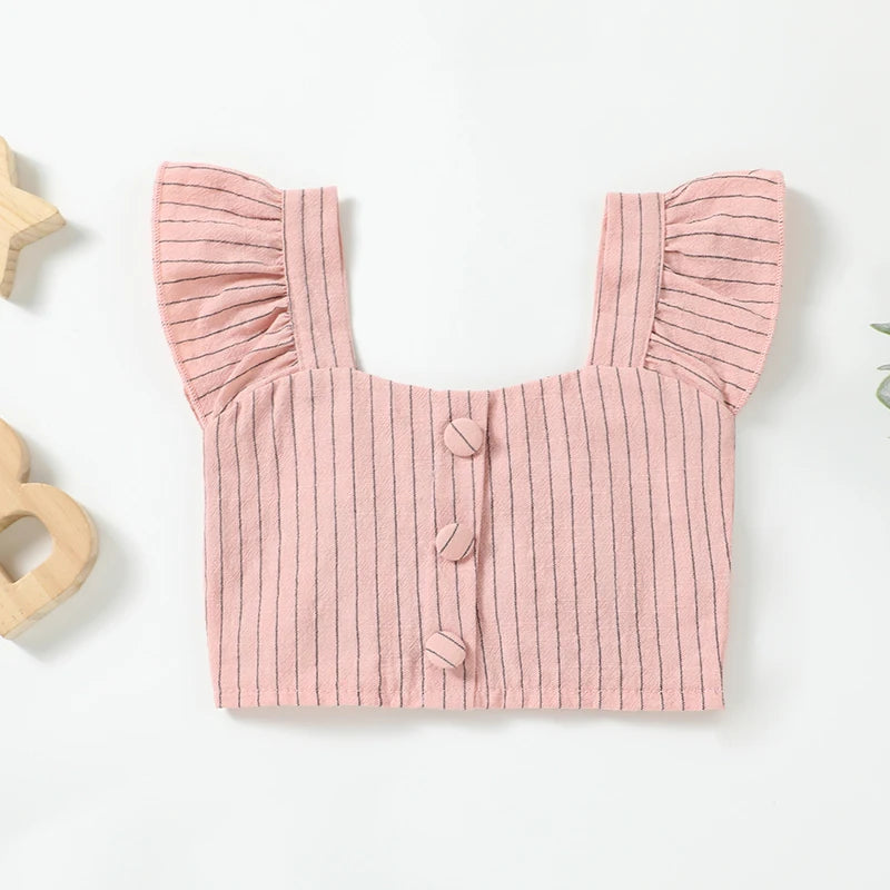 Lioraitiin Toddler Girl Summer Outfits Stripe Print Flutter Sleeve Tank Tops and Belted Shorts 2 Piece Set