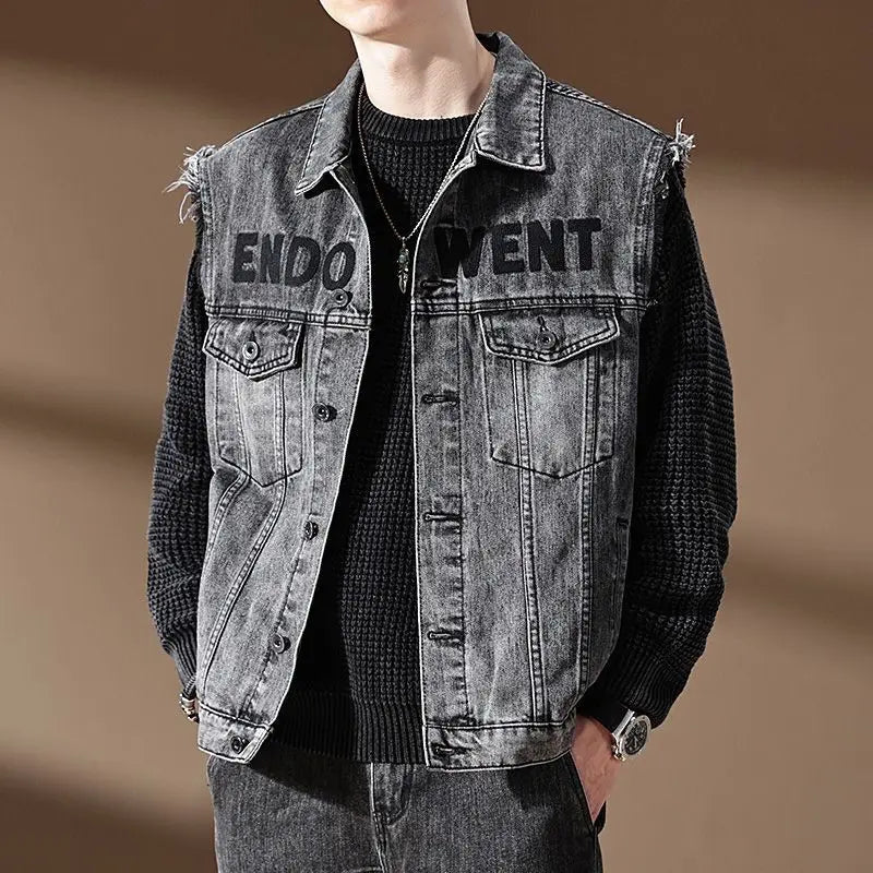 2024 New Men's Denim Jacket Motorcycle Vest Retro Fashion Casual Versatile Riding Clothes