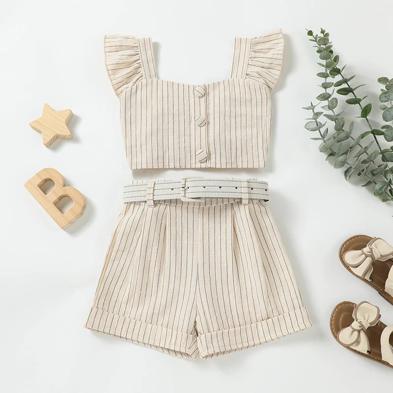 Lioraitiin Toddler Girl Summer Outfits Stripe Print Flutter Sleeve Tank Tops and Belted Shorts 2 Piece Set