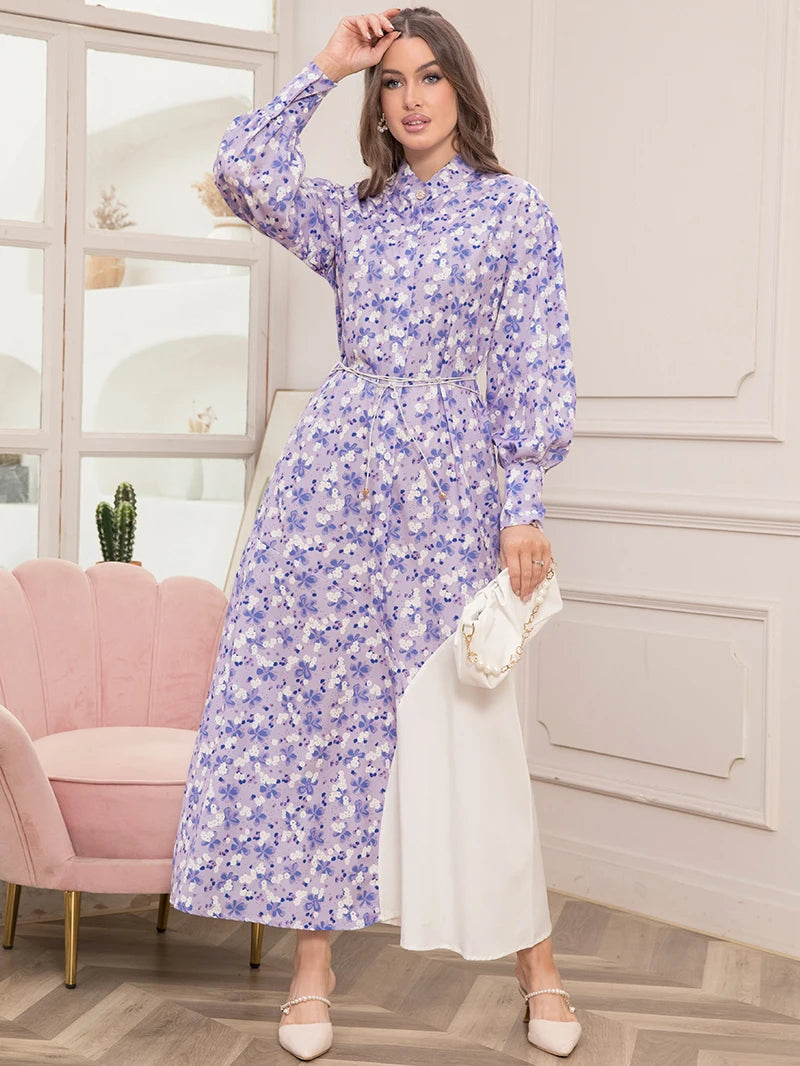 Elegant Floral Print High Neck Contrast Color Belted Shirt Sleeve Long Dress - Women's Fashion Slim Fit Maxi Dress for Spring
