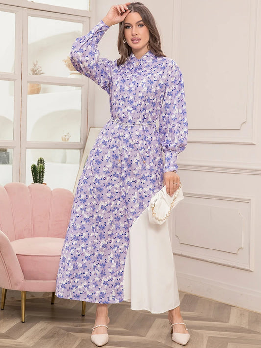 Elegant Floral Print High Neck Contrast Color Belted Shirt Sleeve Long Dress - Women's Fashion Slim Fit Maxi Dress for Spring