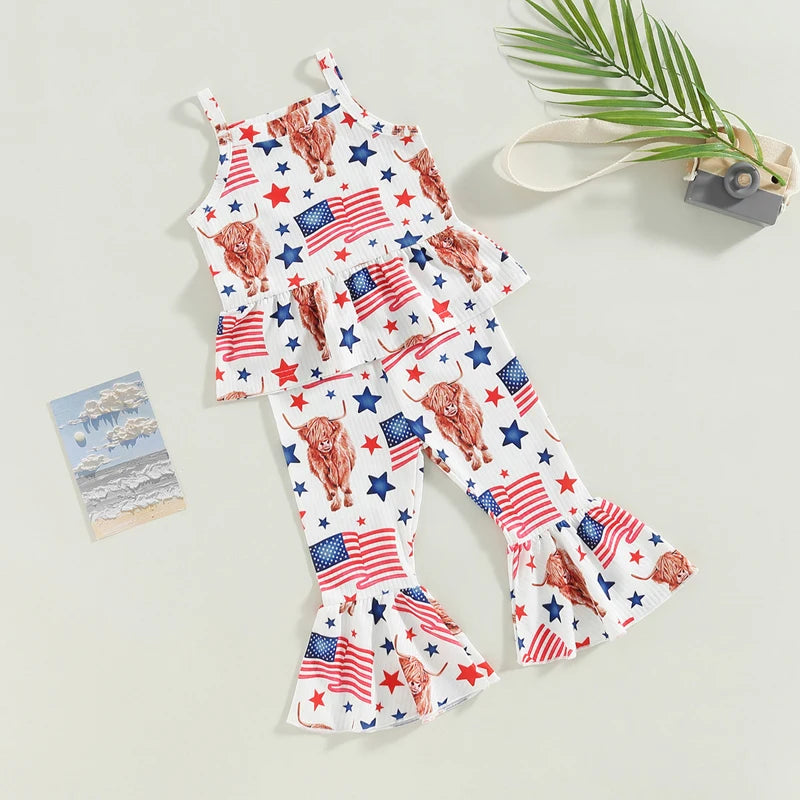 Lioraitiin Toddler Girl Clothes Suit Sleeveless Off Shoulder Vest Tops and Long Bell Bottom Pants for Ages 0 to 4 Years