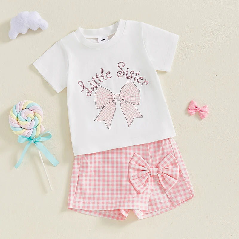 Lioraitiin Baby Girl Shorts Set Bow Letter Short Sleeve T-Shirts Plaid Elastic Waist Skorts Summer Outfit 2024