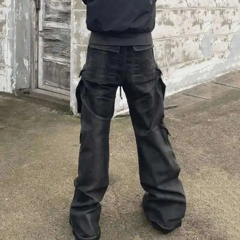 PFNW High Street Drawstring Zipper Sliced Wide Leg Cargo Pants Men Casual Loose Straight Trousers Denim 28W5963