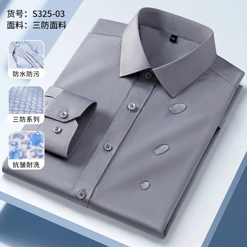 Oil Proof Waterproof Men's Formal Long Sleeve Shirt High Quality Business Leisure Free Ironing Slim Fit Three Prevention