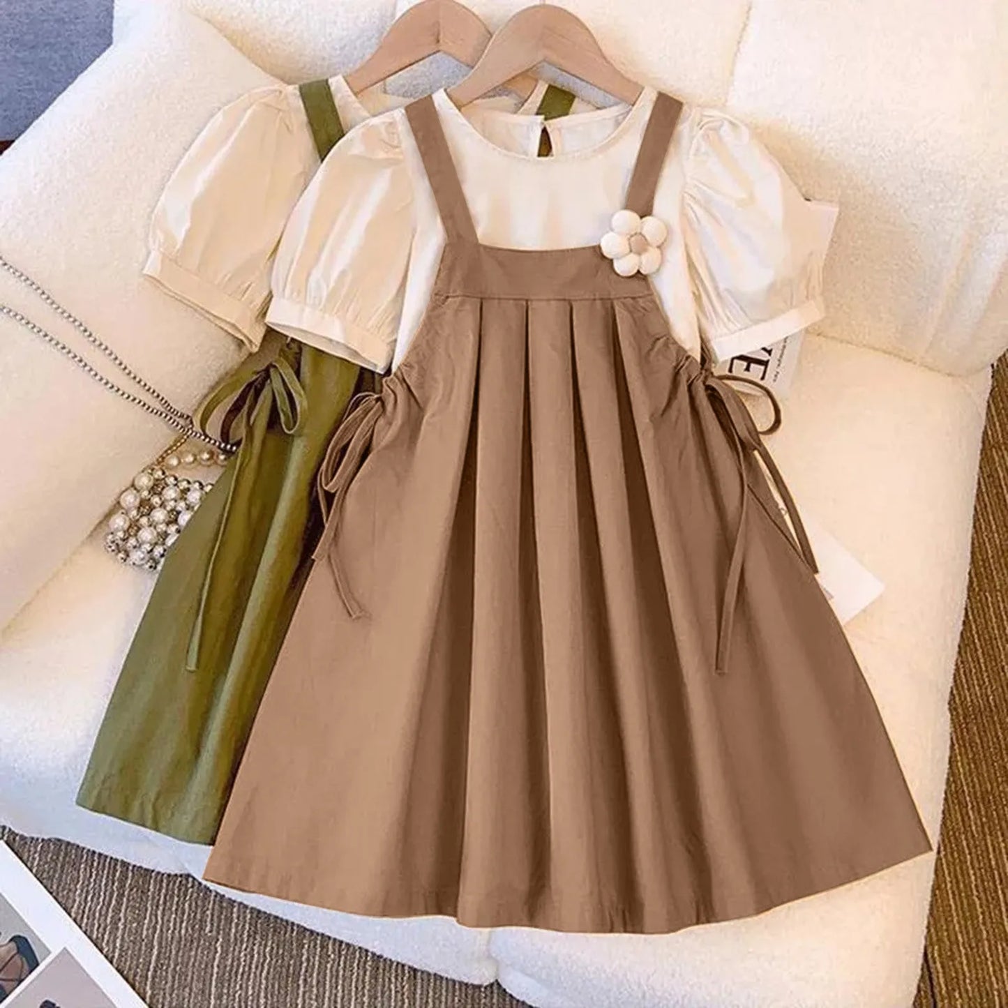 Girl Summer Dress Outfit Short Sleeve Top and Suspender Skirt Set Kids 2Pcs Children's Printed Shirt and Shorts Suit