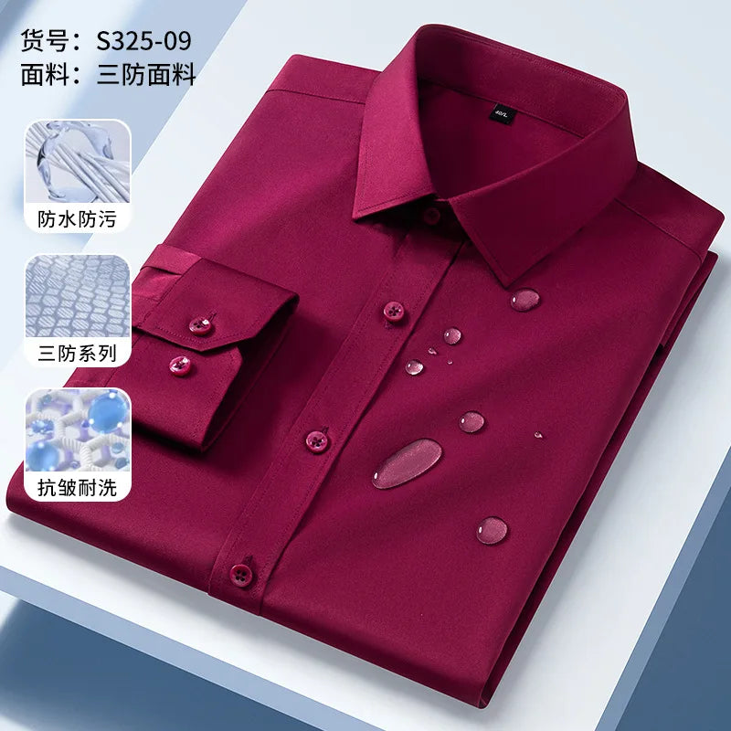 Oil Proof Waterproof Men's Formal Long Sleeve Shirt High Quality Business Leisure Free Ironing Slim Fit Three Prevention