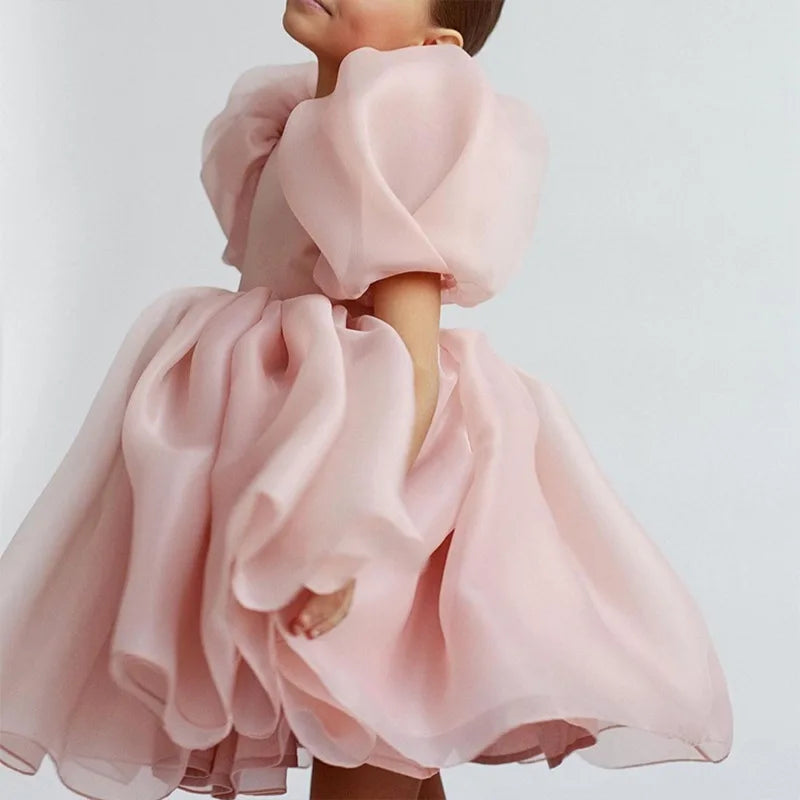 Fashion Girl Princess Vintage Dress Tulle Puff Sleeve Pink