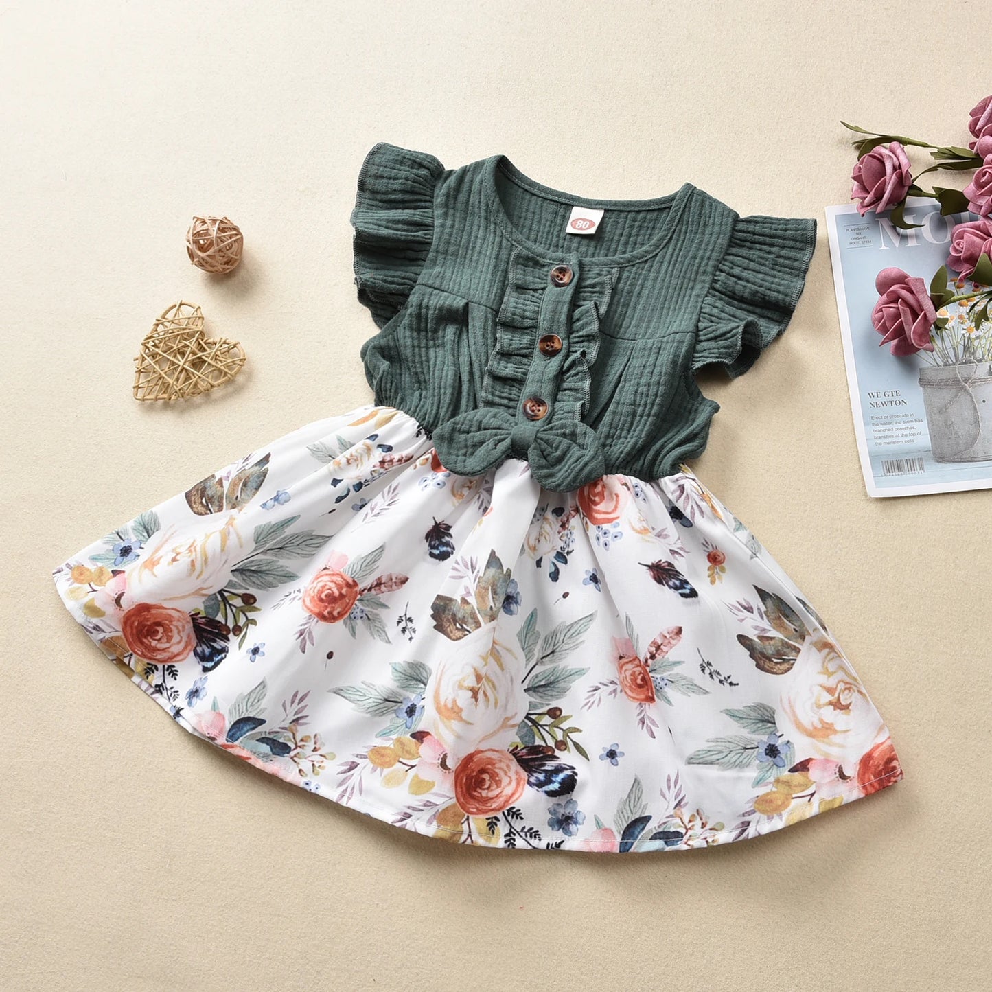 Citgeett Summer Baby Girls Dress Bowknot Floral Print Ruffle Sleeve Knee Length A-Line Dress 1-5 Years