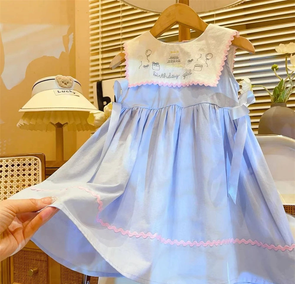 Girls Casual Dresses New Summer Blue Baby Doll Collar Dress