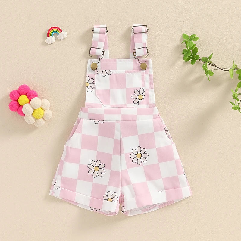 Lioraitiin Toddler Baby Girl Checkerboard Floral Print Summer Sleeveless Overalls Jumpsuit