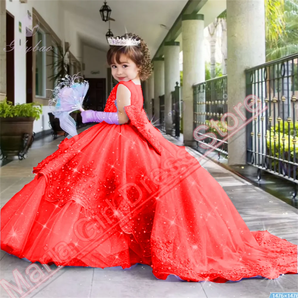 New Flower Girl Dress Lavender Appliqué Fluffy Bow Kids Birthday Pageant Party Dress