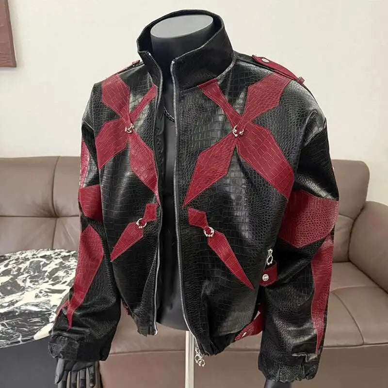 PFHQ Men's PU Leather Jacket 2025 Zipper Stand Collar Contrast Color Korea Fashion Darkwear Casual Male Tops
