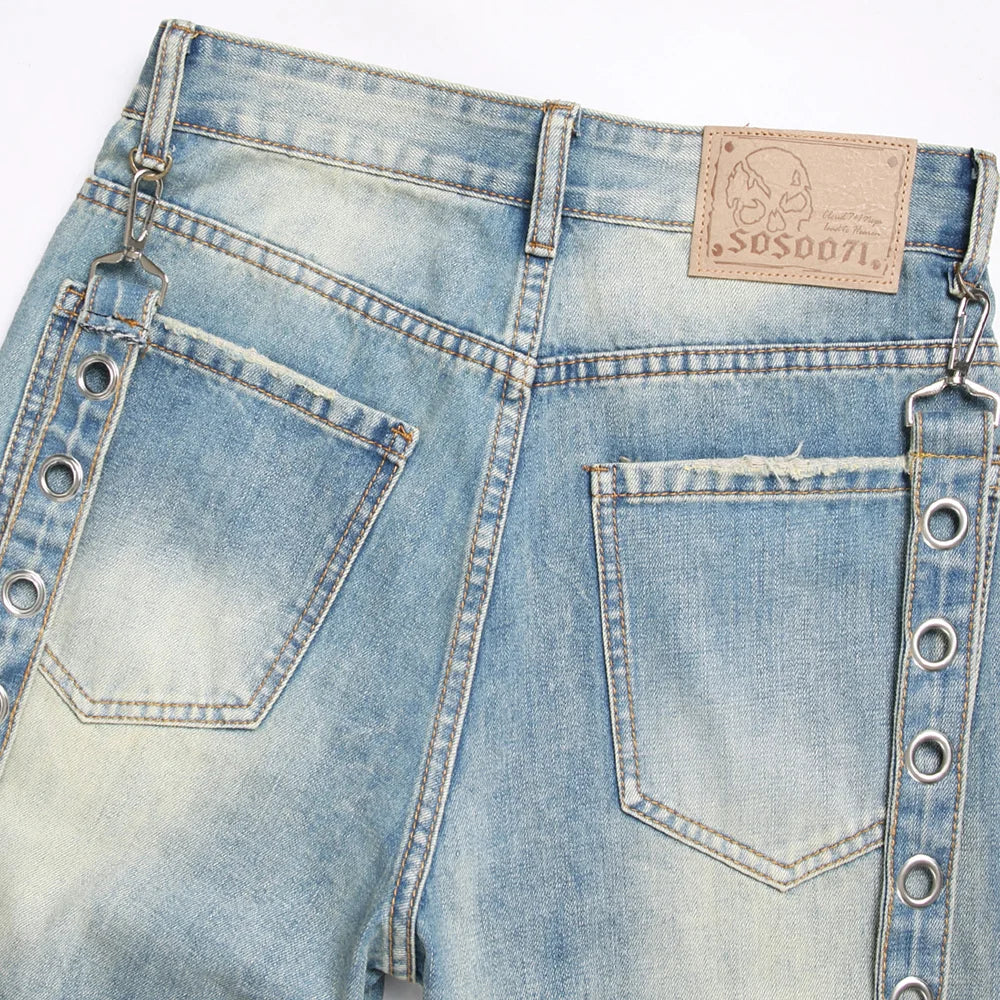 Men's Multi Pocket Cargo Denim Shorts Summer Punk Rivet Blue Jeans Ripped Hem Knee Length Breeches