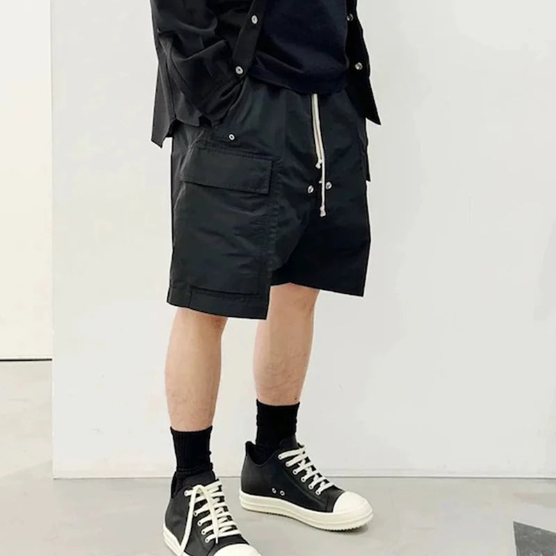 PFNW 2025 Summer High Street Trendy Workwear Shorts Loose Zipper Drawstring Elastic Waist Black Knee Length Pants 28W6518