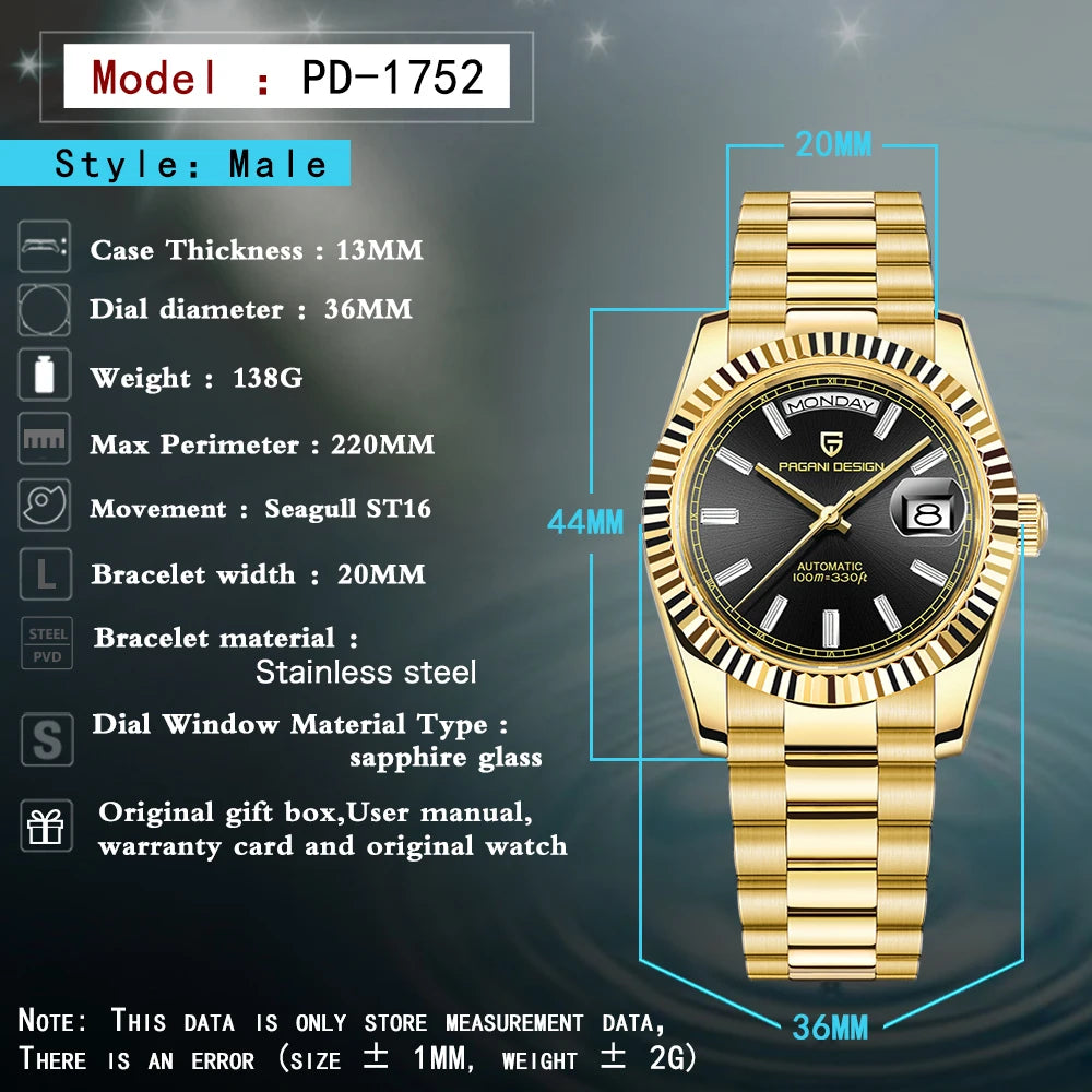2025 New PAGANI DESIGN DD36 Mens Mechanical Watches Gold Luxury Automatic Watch For Men AR Sapphire Mirror Waterproof Gift Clock