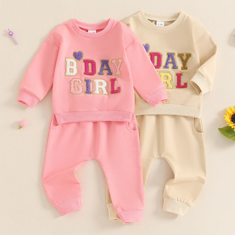Lioraitiin Baby Girl 2 Pieces Birthday Outfit Long Sleeve Letter Embroidery Pullover and Pants Set Toddler Fall Clothes