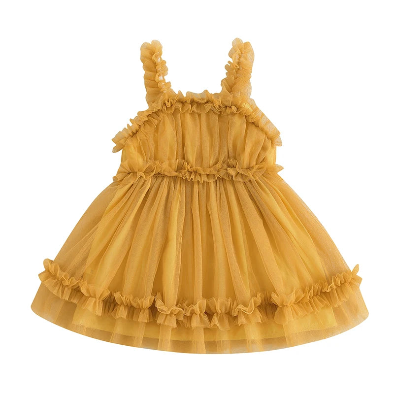 Lioraitiin Toddler Girl Summer Tulle Dress Solid Color Sleeveless Casual Mesh Ruffled A Line Dress for Ages 1 to 3 Years