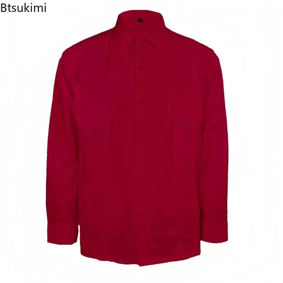2025 Men's Cuban Guayabera Shirts Solid Long Sleeve Button Up Embroidery Dress Shirts Traditional Casual Four Pockets Tops