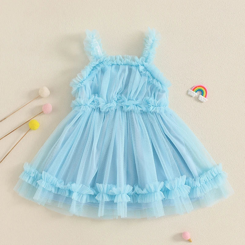 Lioraitiin Toddler Girl Summer Tulle Dress Solid Color Sleeveless Casual Mesh Ruffled A Line Dress for Ages 1 to 3 Years