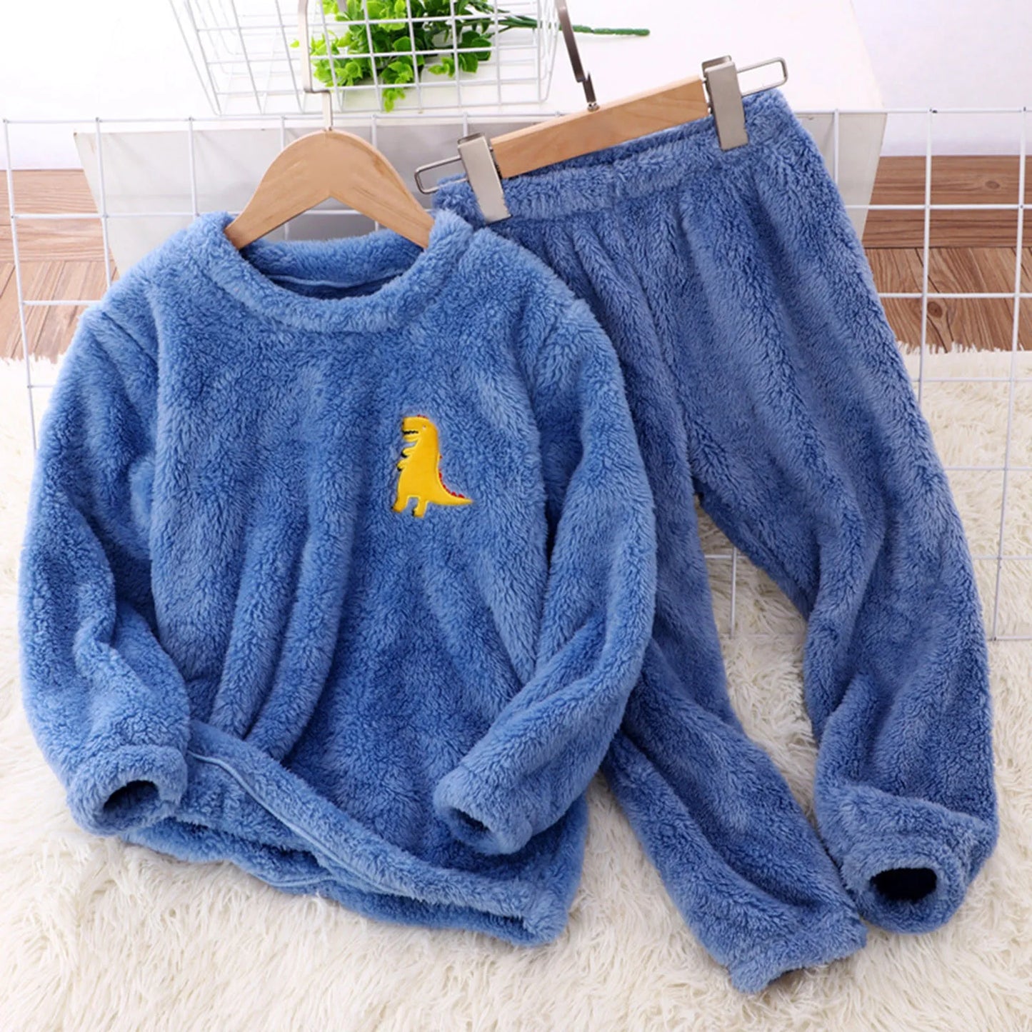 Winter Long Sleeve Cartoon Print Fleece Tops Pants 2 Piece Outfit Set for Toddler Kids Boys Girls Pajamas Tracksuit