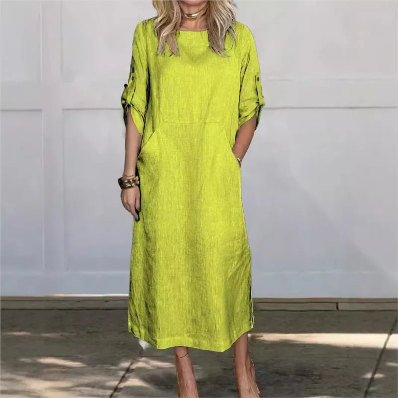Women's Spring Solid Color Linen Dress Big Pocket Splic Short Sleeve Elegant Dress Summer Casual Long Dresses Daily Comfy Robe