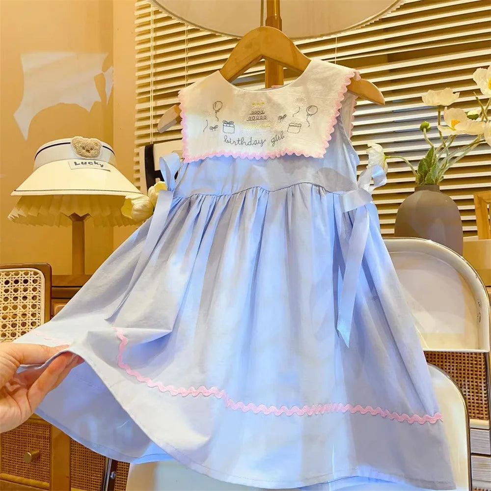Girls Casual Dresses New Summer Blue Baby Doll Collar Dress
