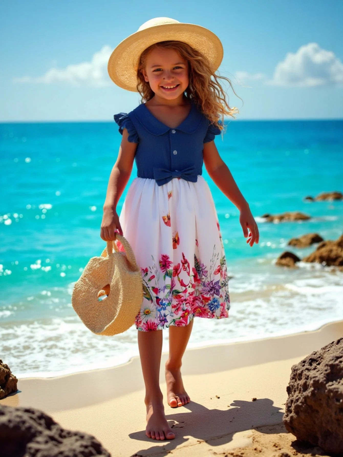 Children's Summer Casual Daily Dress Patchwork Cowboy Butterfly Floral Design Fashion Girls Dress