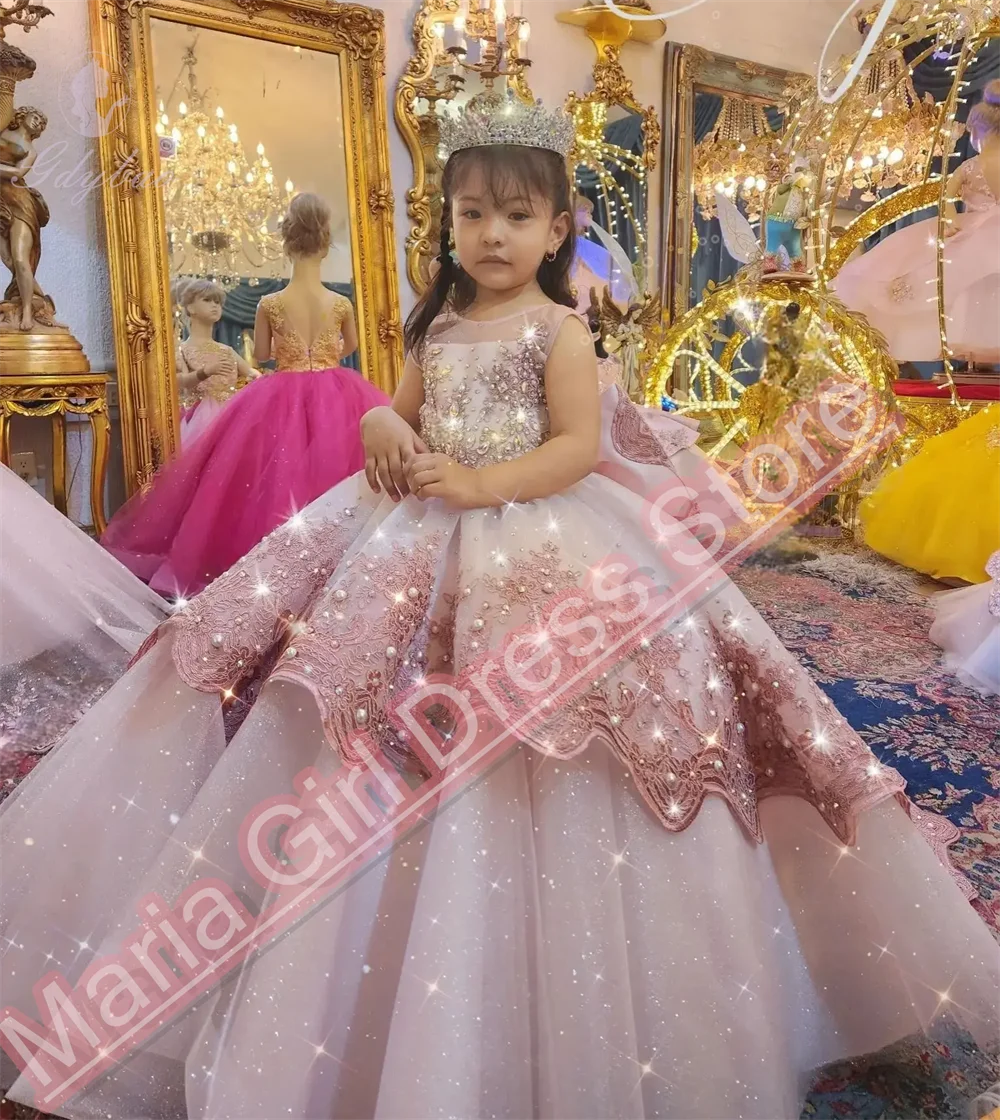 New Flower Girl Dress Lavender Appliqué Fluffy Bow Kids Birthday Pageant Party Dress