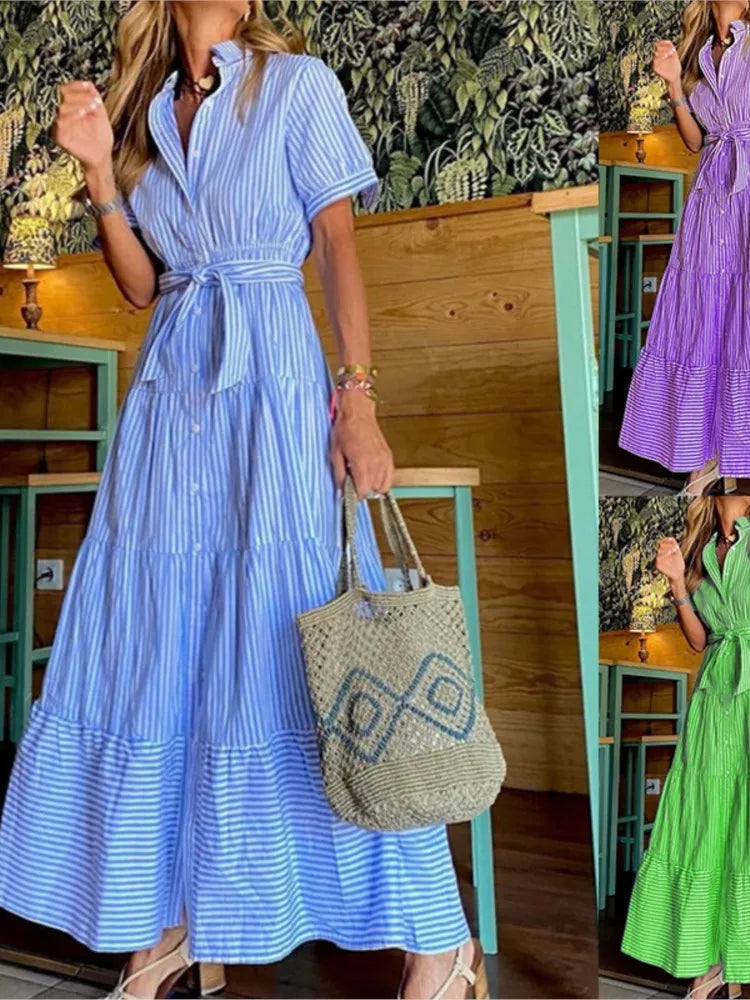 Women's New Fashion Stripe Printed Short Sleeve Loose Waist Strap Long Collar Ankle Single Breasted Dress
